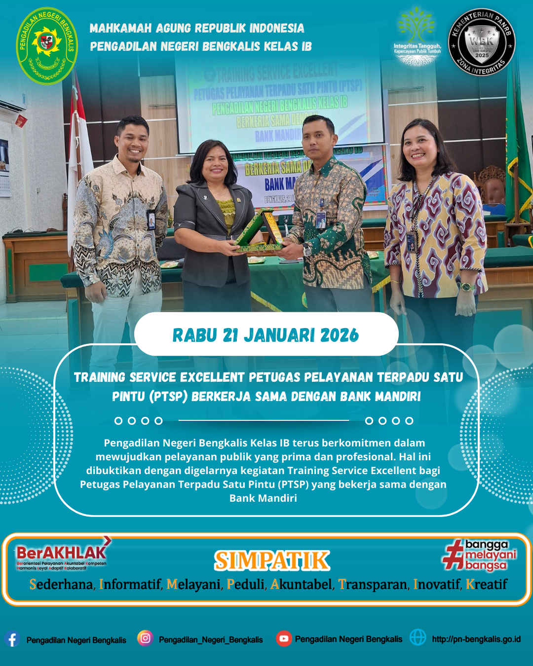 TINGKATKAN KUALITAS LAYANAN, PN BENGKALIS GELAR TRAINING SERVICE EXCELLENT BERKERJA SAMA DENGAN BANK MANDIRI 
